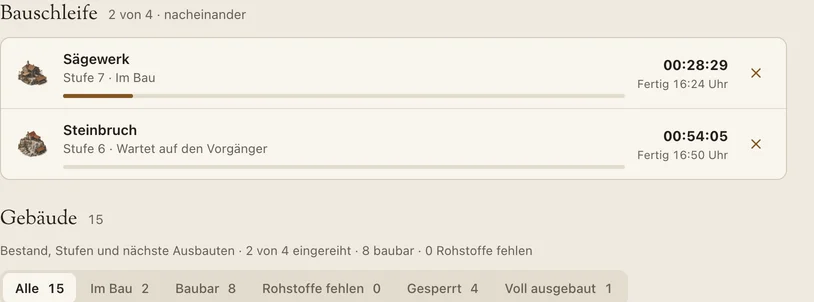 Ausschnitt der Bauschleife mit Sägewerk Stufe 7 und Steinbruch Stufe 6