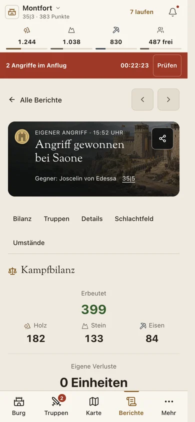 Kampfbericht am Smartphone mit Ergebnis, Kampfwerten und Beute