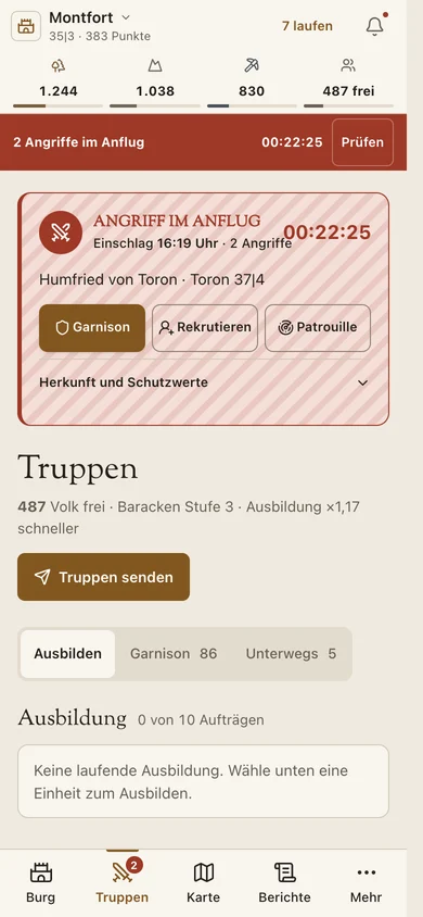 Truppenansicht am Smartphone mit Warnung: Zwei Angriffe im Anflug